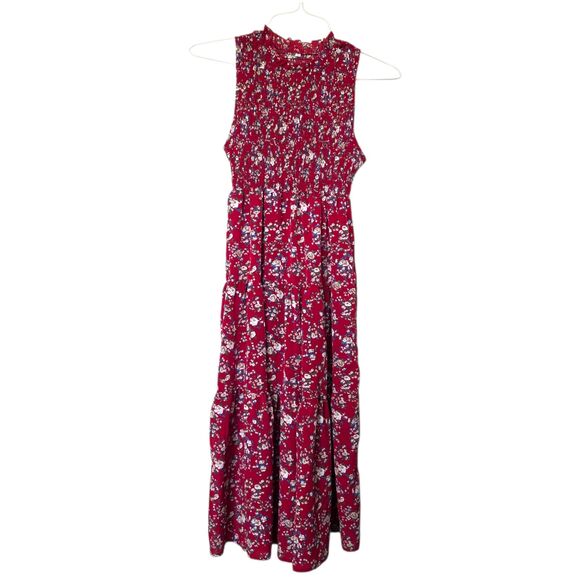 Red Floral Smocked Sleeveless Midi Dress Women’s Small - Picture 7 of 8